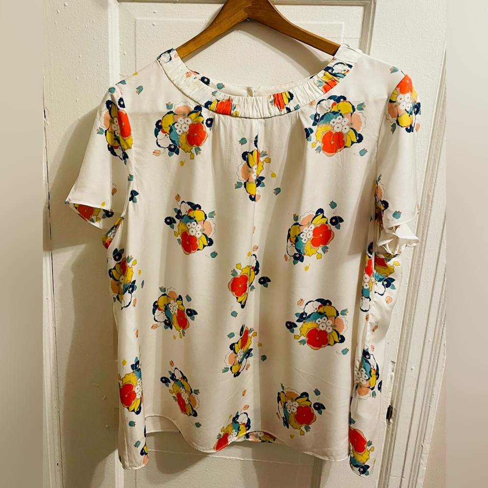 Boden Carey Size 18 White Floral Pleated Viscose Silk Shirt